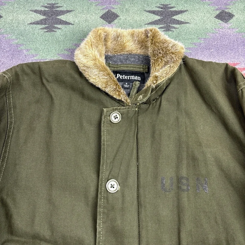 J Peterman Military Coat Jacket Men's Small Green Canvas USN N1 Deck Stencil - Picture 4 of 12